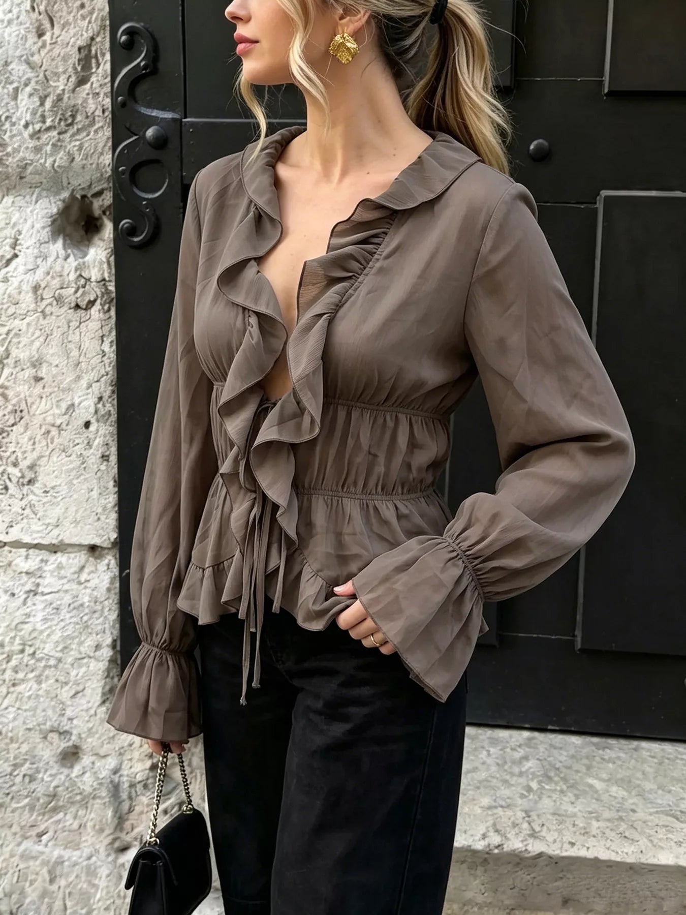 Ruffled V-Neck Long Sleeve Blouse
