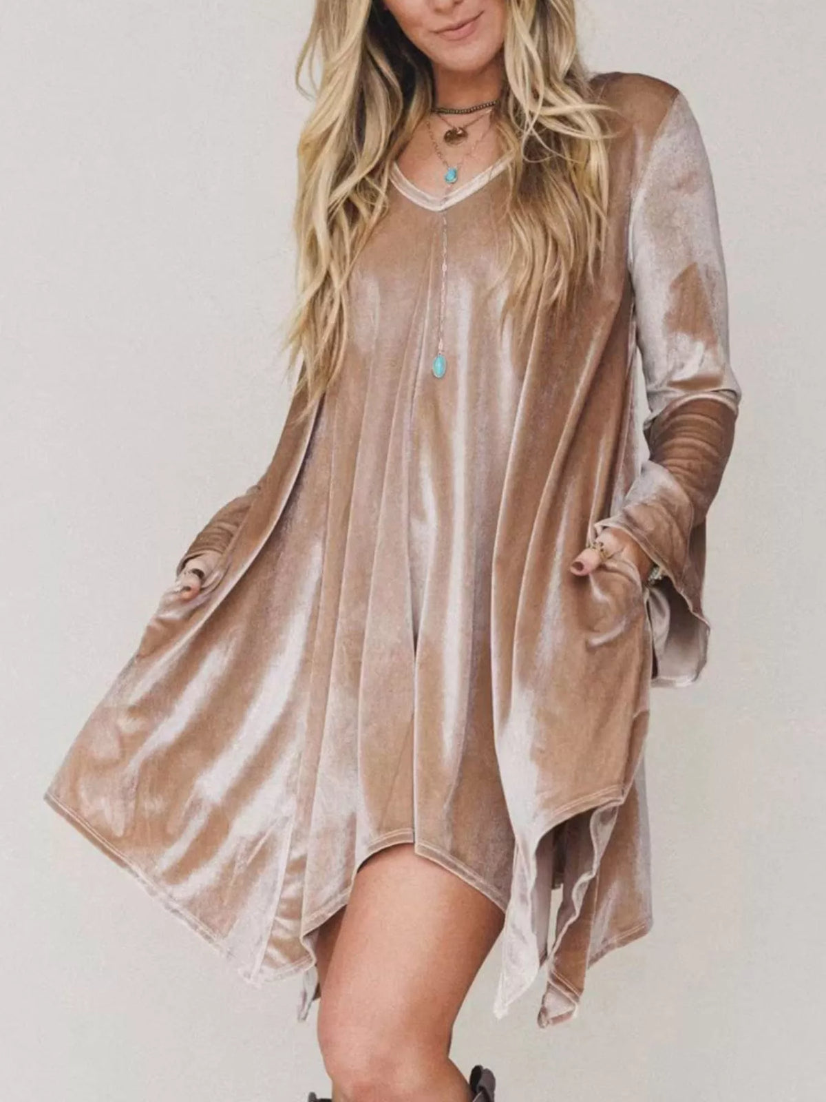 V-Neck Velvet Swing Asymmetrical Dress with Pockets