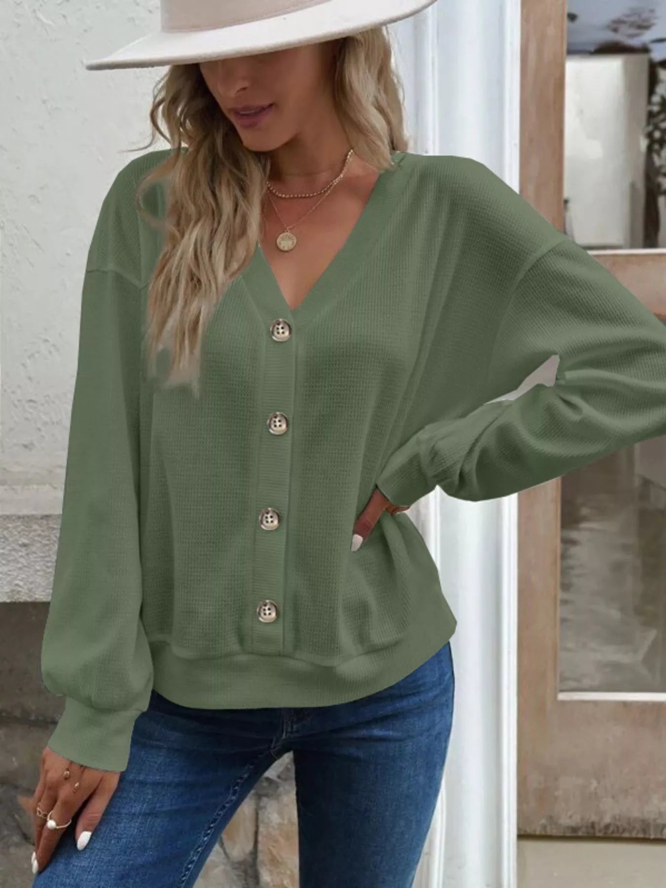 Casual V-Neck Waffle Long Sleeve Top
