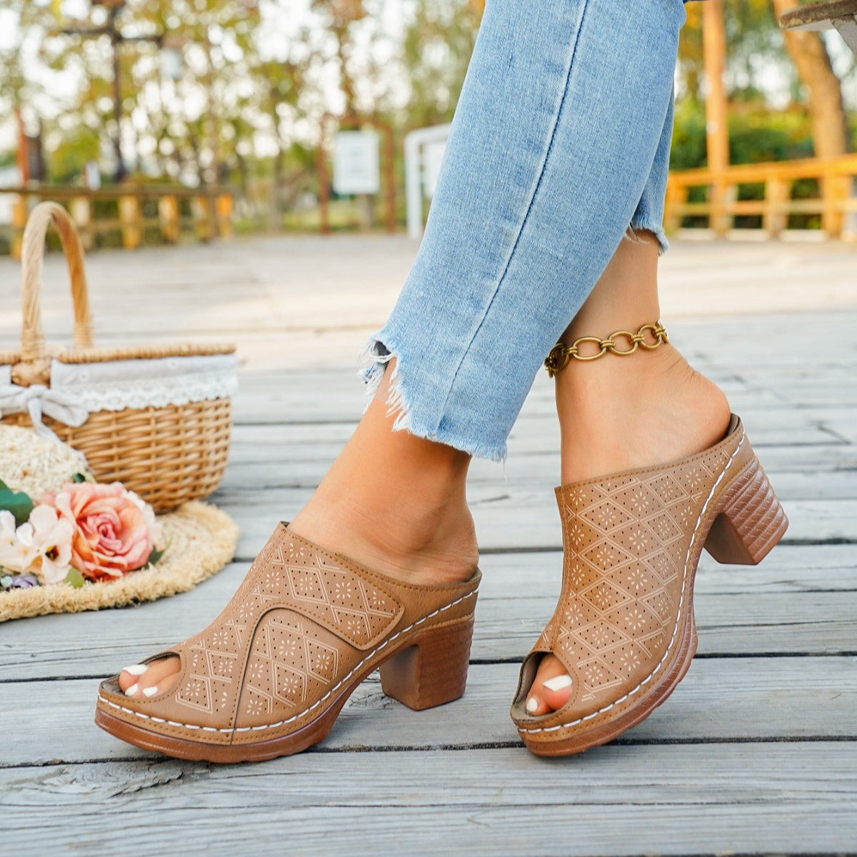 Peep Toe Block Heel Sandals