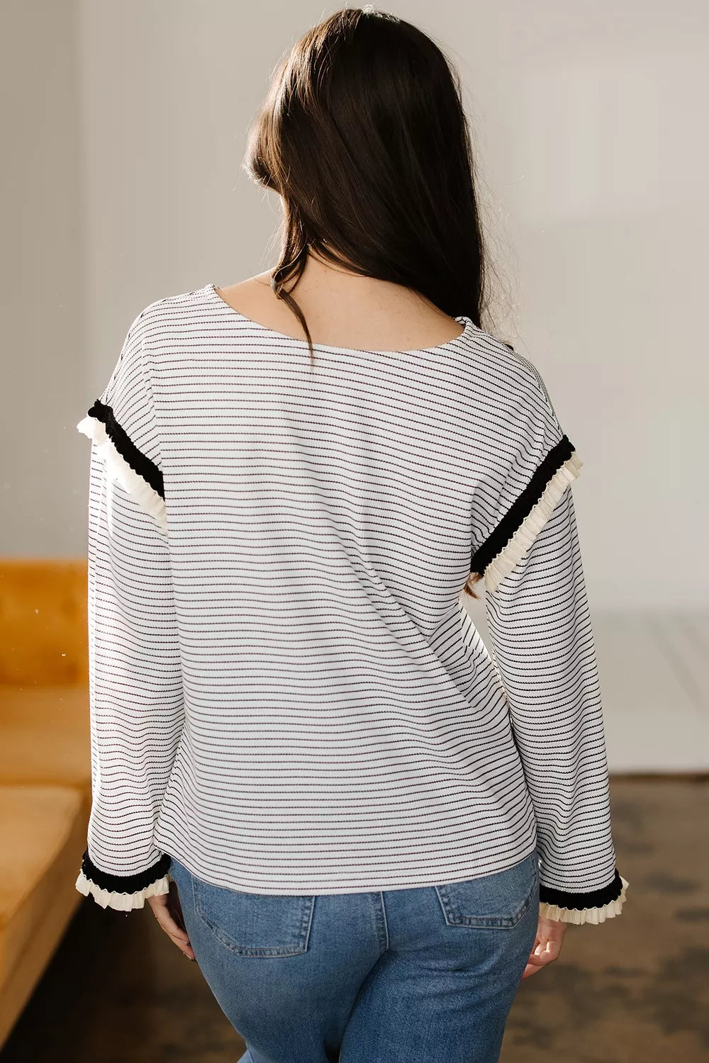 Stripe Contrasted Ruffle Trim Loose Long Sleeve Top