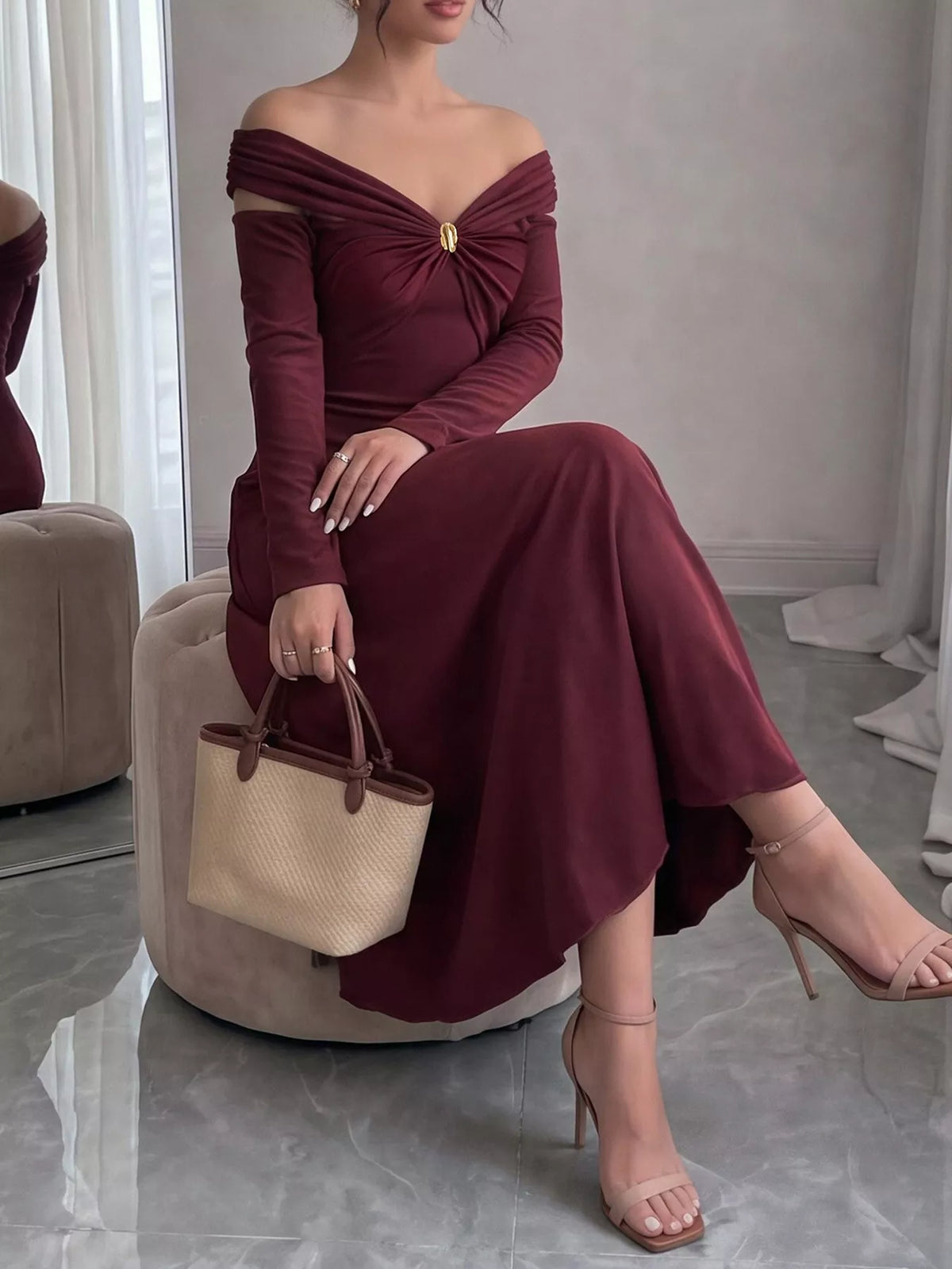 Off-Shoulder Long-Sleeve Maxi Dress