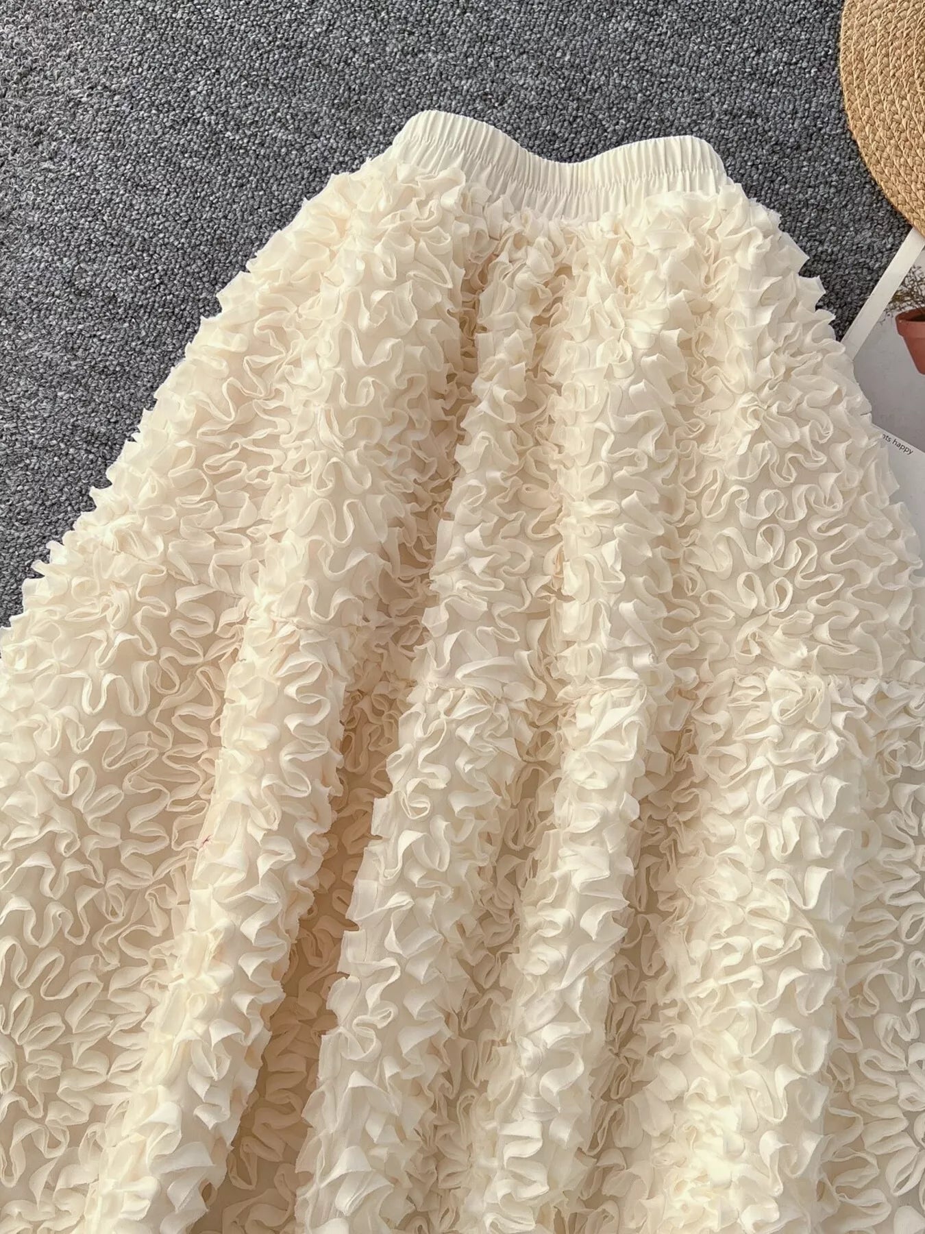 Elegant 3D Lace Trim High‑Waist A‑Line Midi Skirt