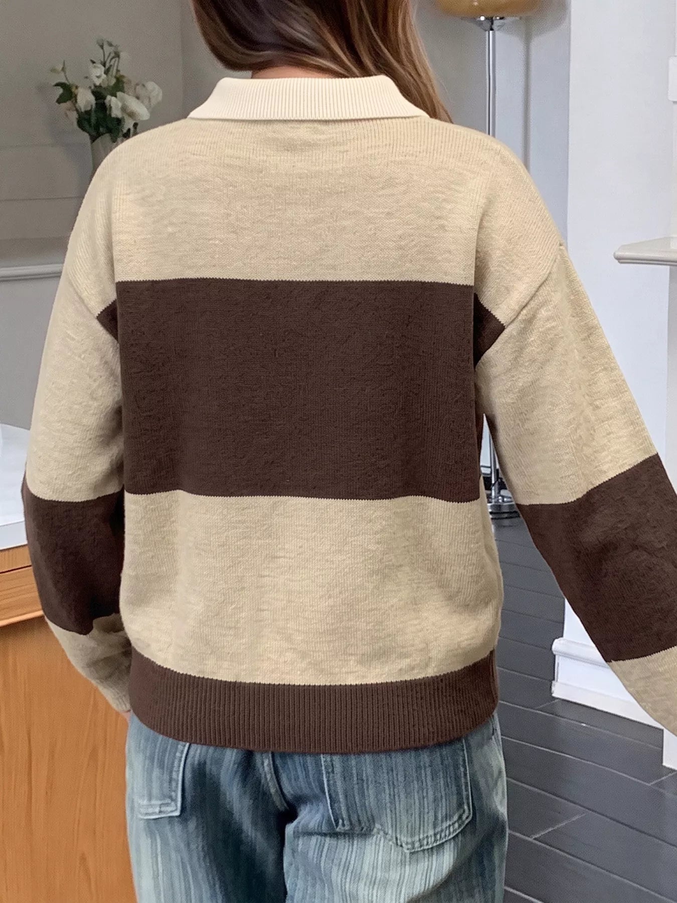 Color Block Polo Collar Sweater