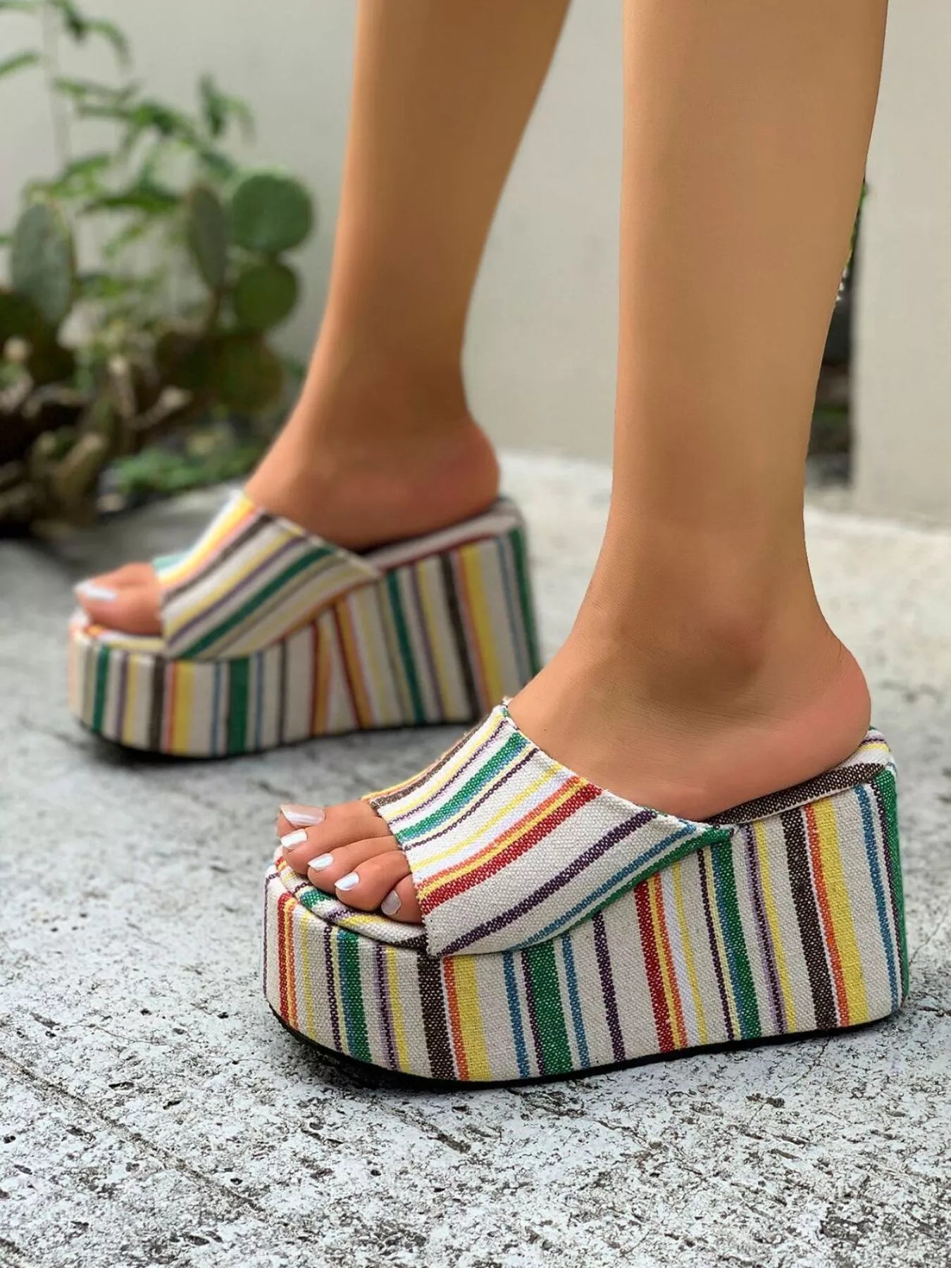Striped Platform Wedge Sandals