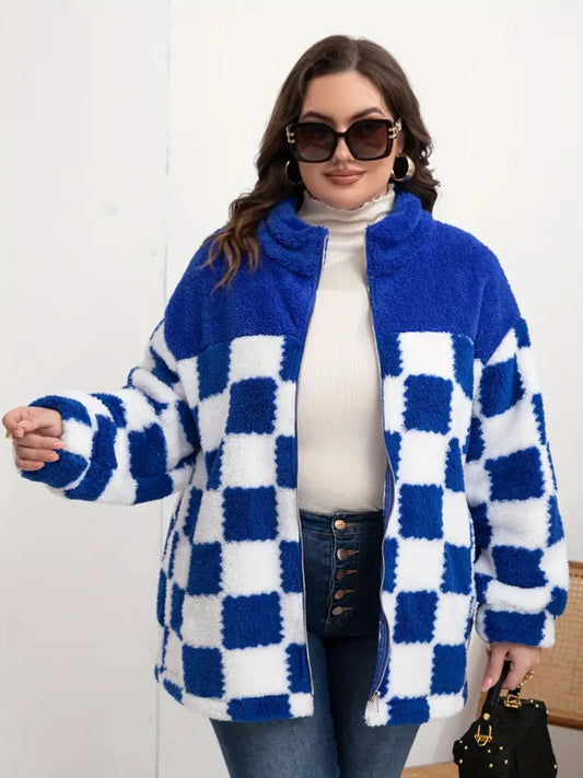 Checkered Fleece Oversized Zip Up Jacket
