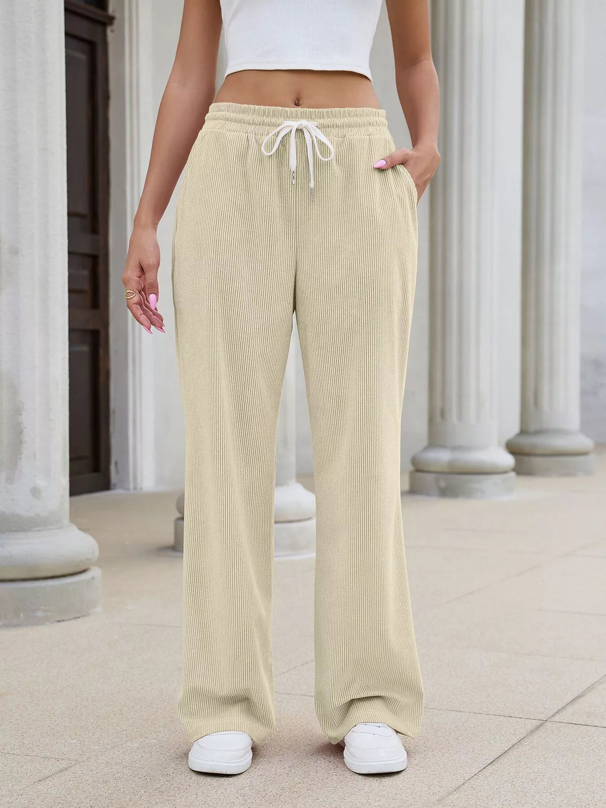 High-Waisted Drawstring Wide-Leg Casual Pants