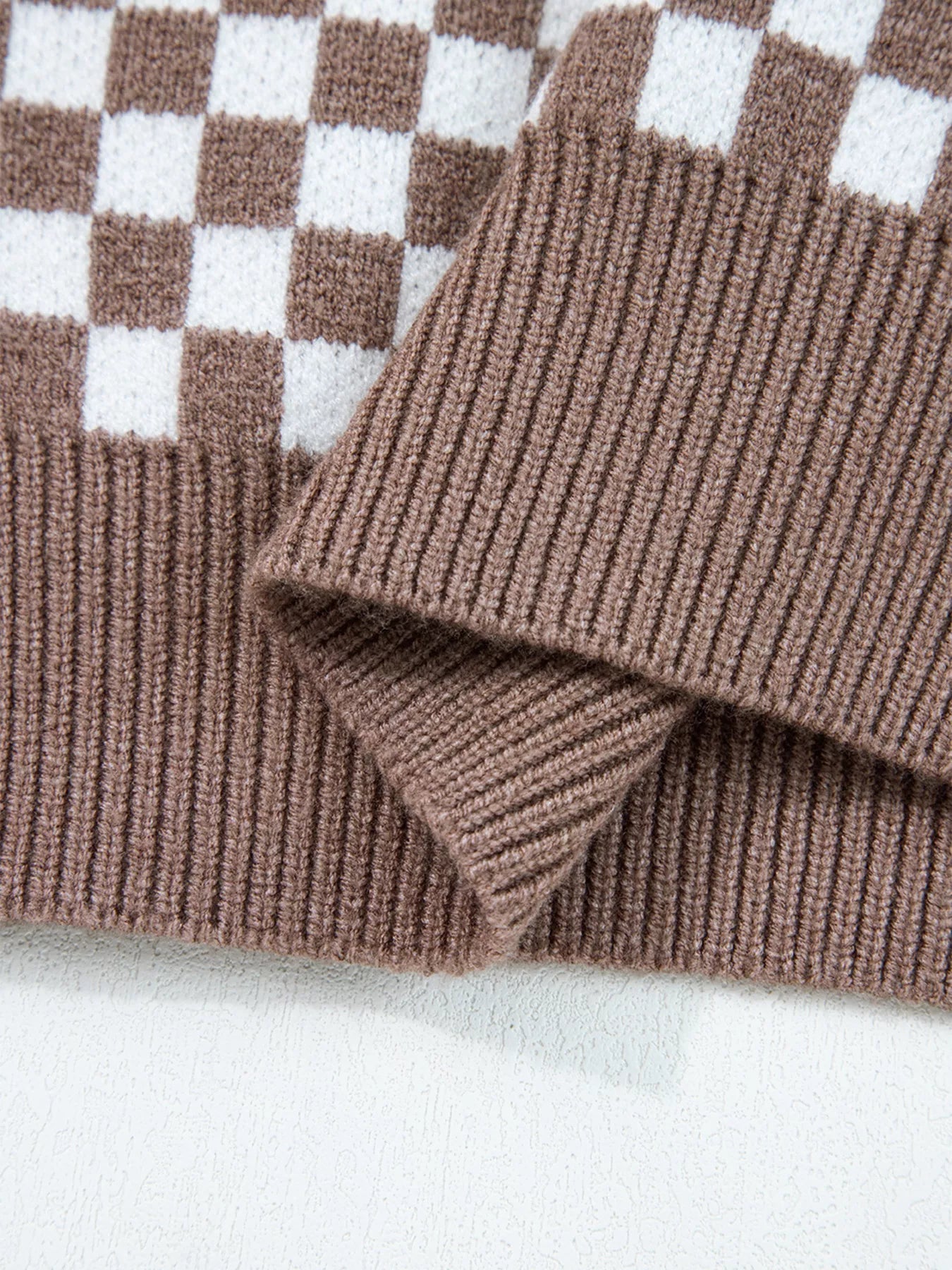 Half Button Ribbed Trim Checkerboard Knit Sweater