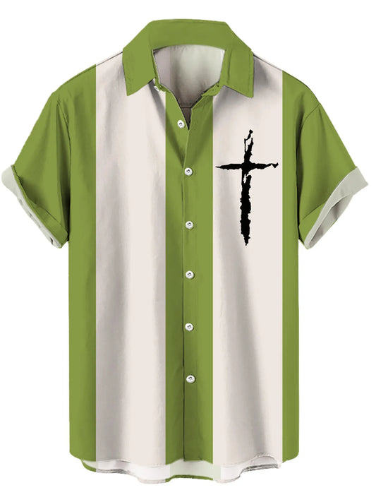 Men's Full Size Cross Casual Striped Button Up Shirt Plus Size