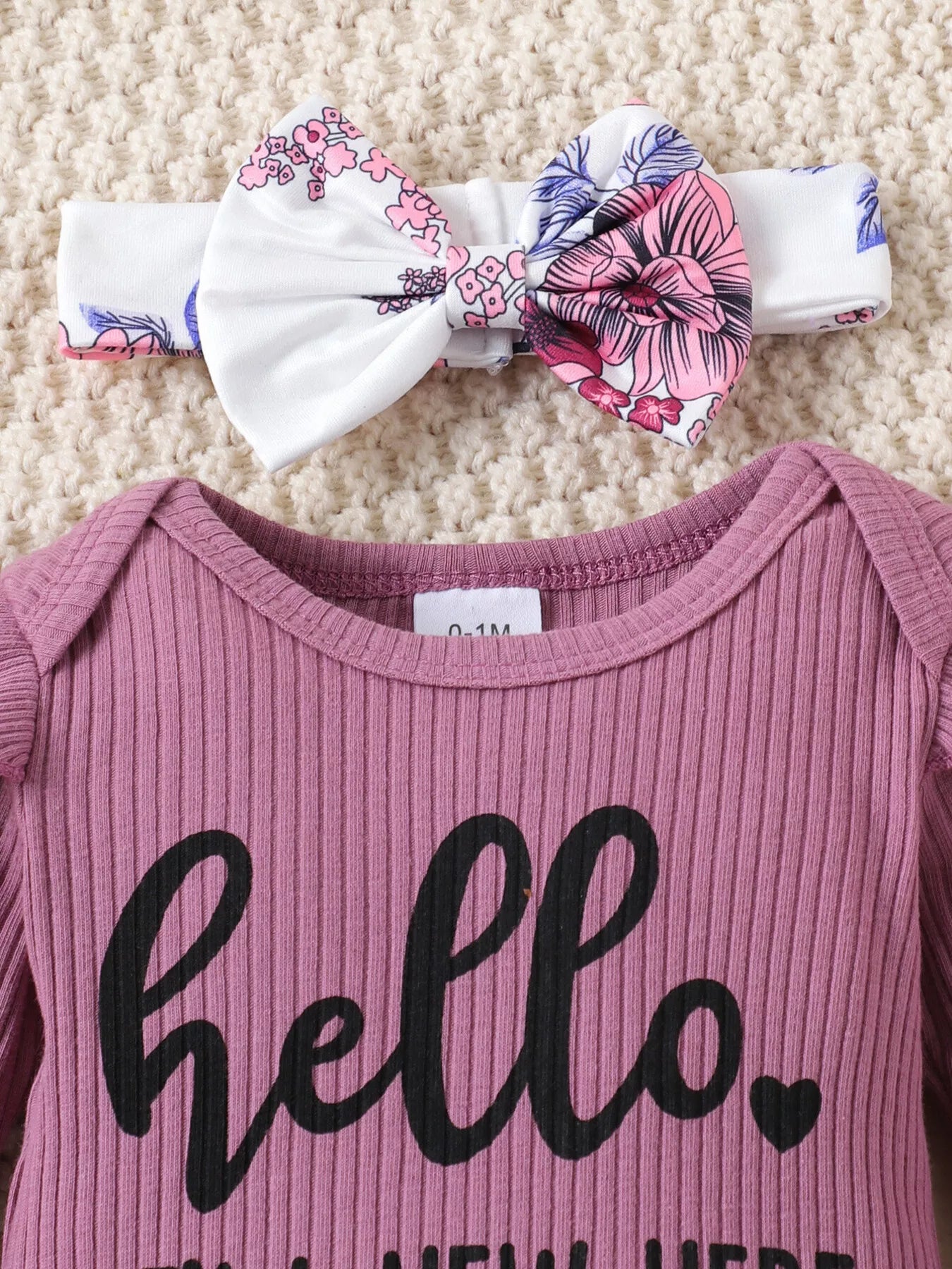 Children's Letter Ribbed Bodysuit and Pants Set with Headband & Hat