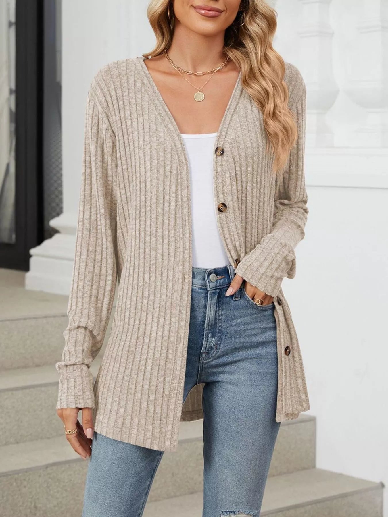 Ribbed Button-Up Cardigan