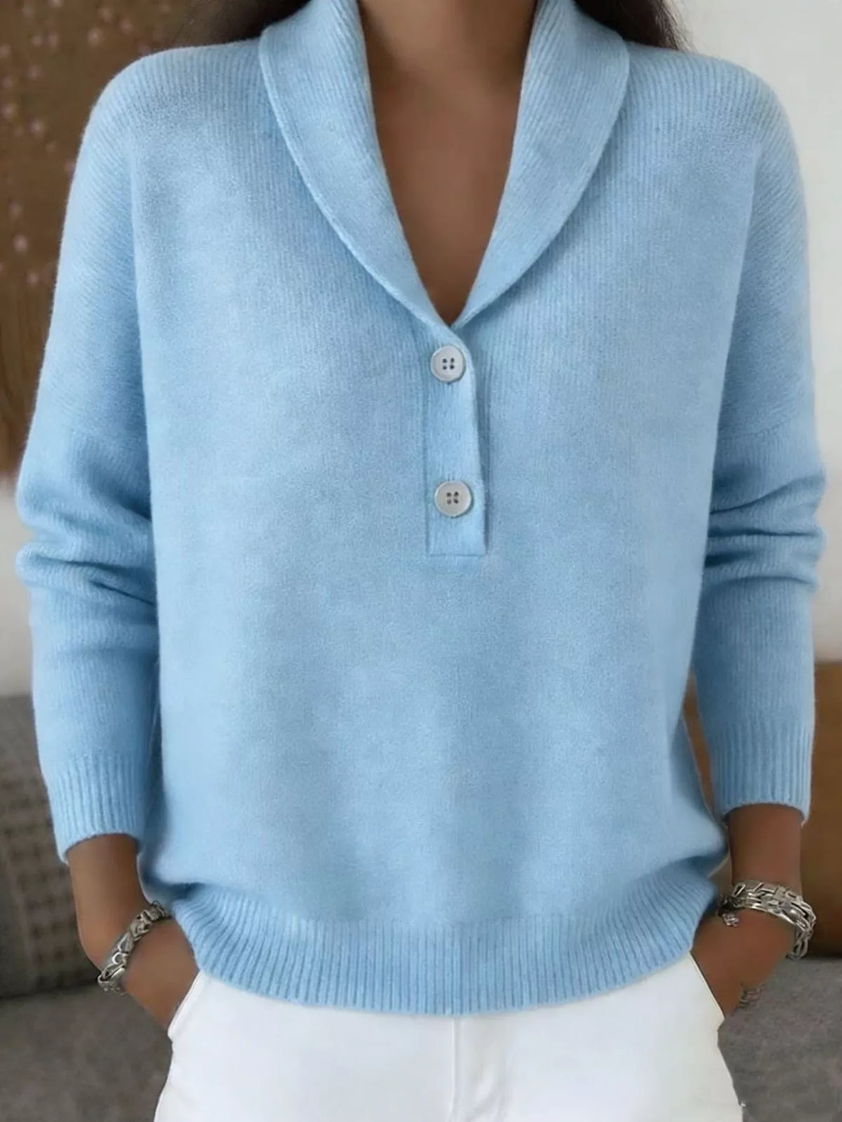 Shawl Collar Button Detail Sweater
