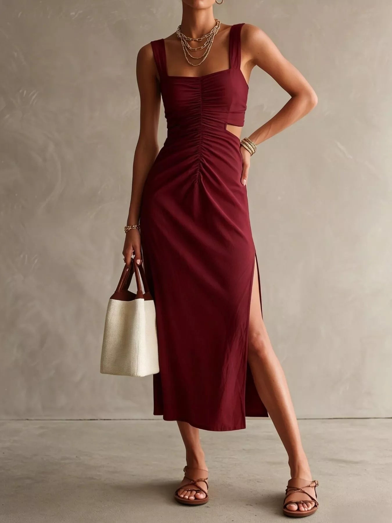 Ruched Cut-Out Midi Dress