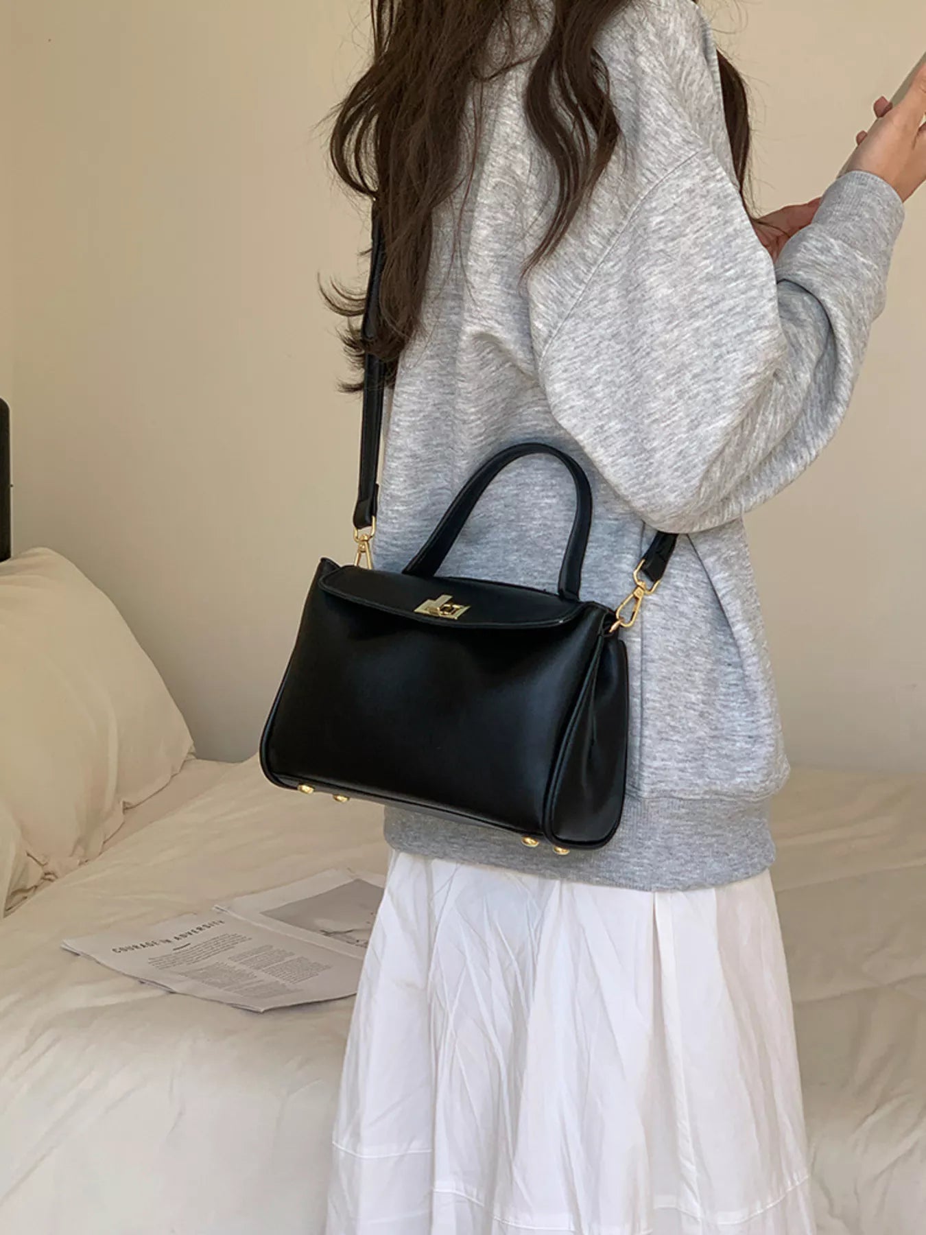 Golden Clasp Leather Crossbody Bag