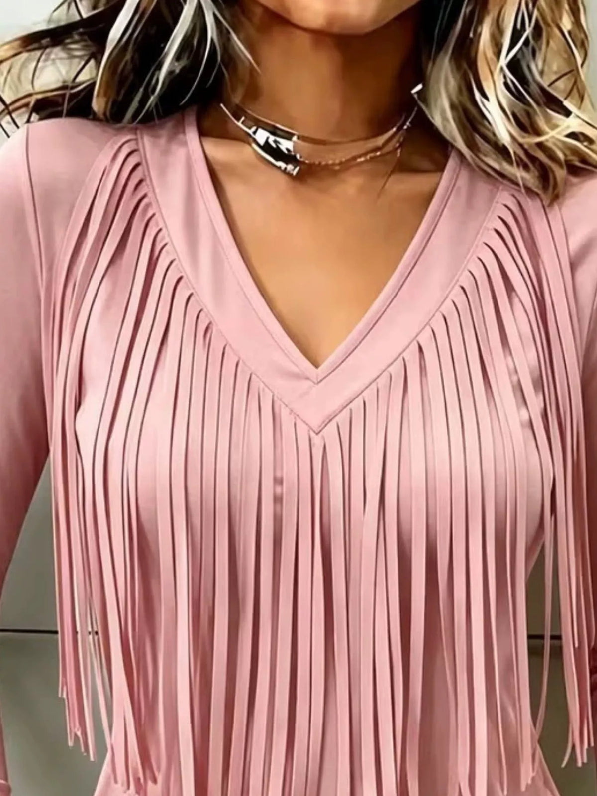 Fringe V-Neck Long Sleeve T-Shirt