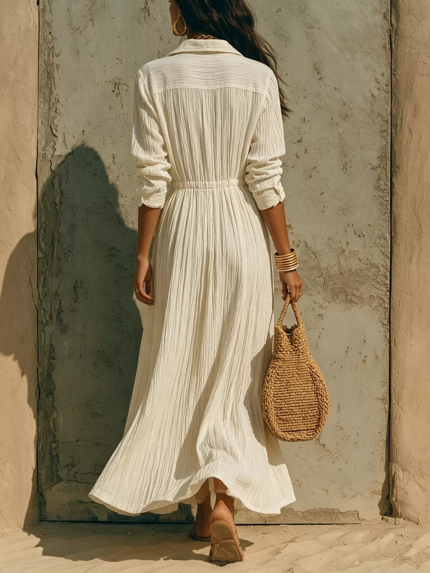 Full Size Textured Button Front Long Sleeve Maxi Dress Plus Size