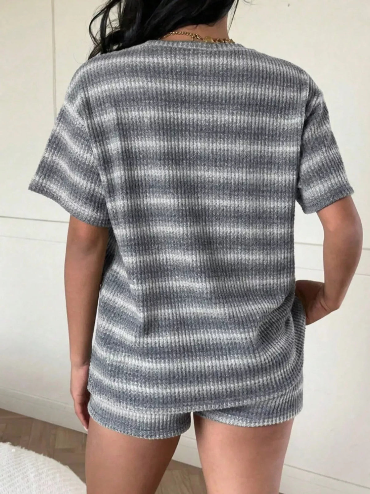 Striped Textured Knit Top and Shorts Set