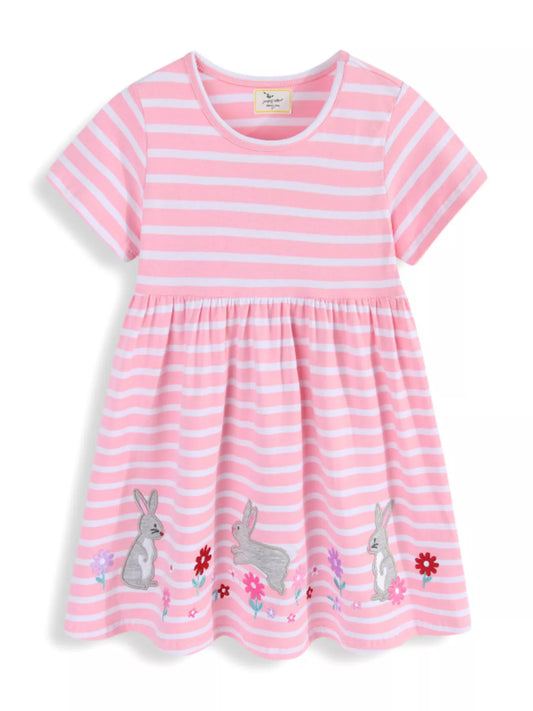 Children's Striped Bunny Embroidered Dress