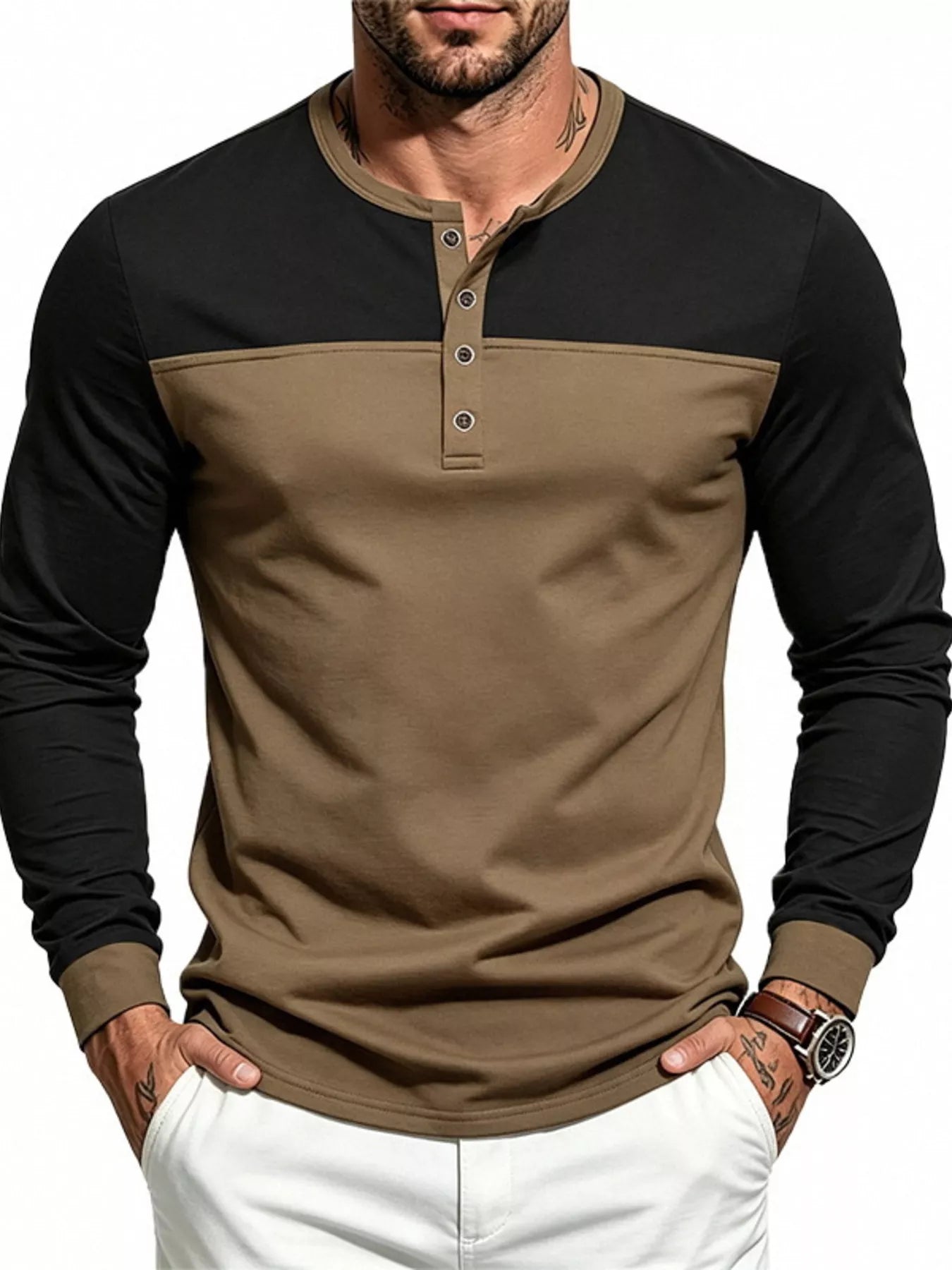 Men's Full Size Color-Block Long Sleeve Henley T-Shirt Plus Size
