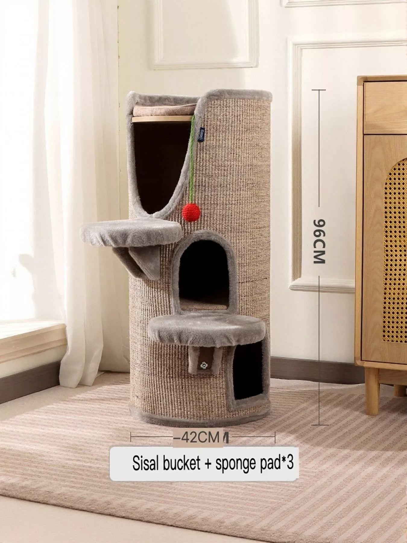 Sisal-Covered Cylinder Cat Tree Condo with Plush Perch