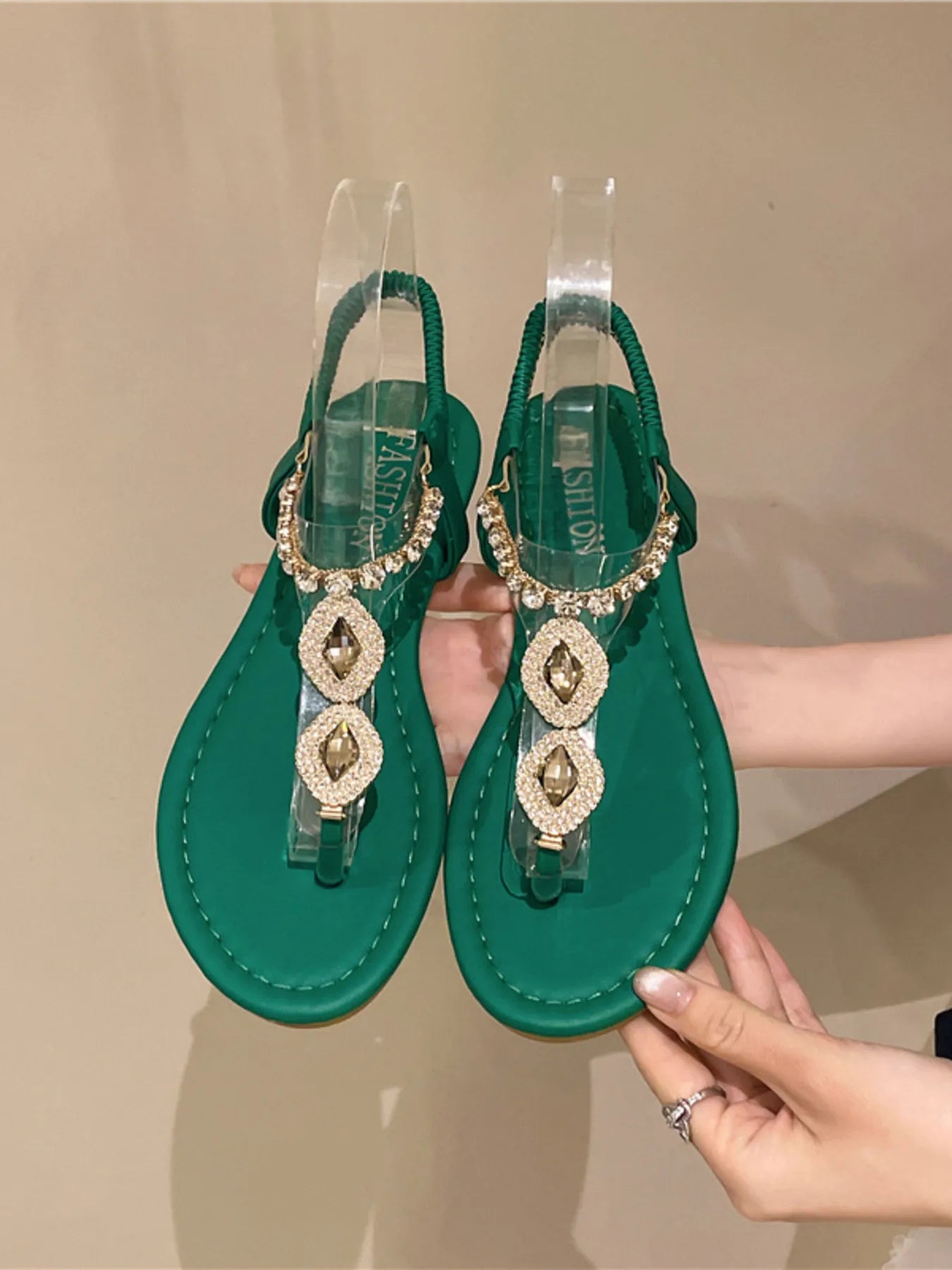 Rhinestone T-Strap Flat Sandals