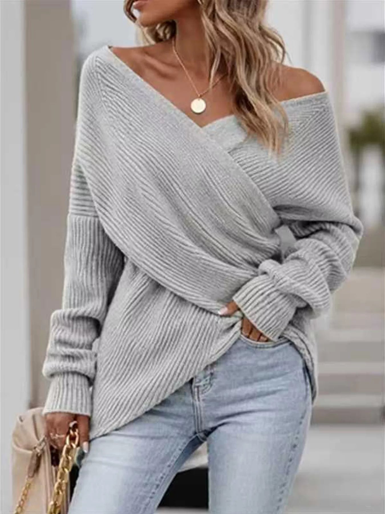 Crisscross Ribbed Knit Long Sleeve Sweater