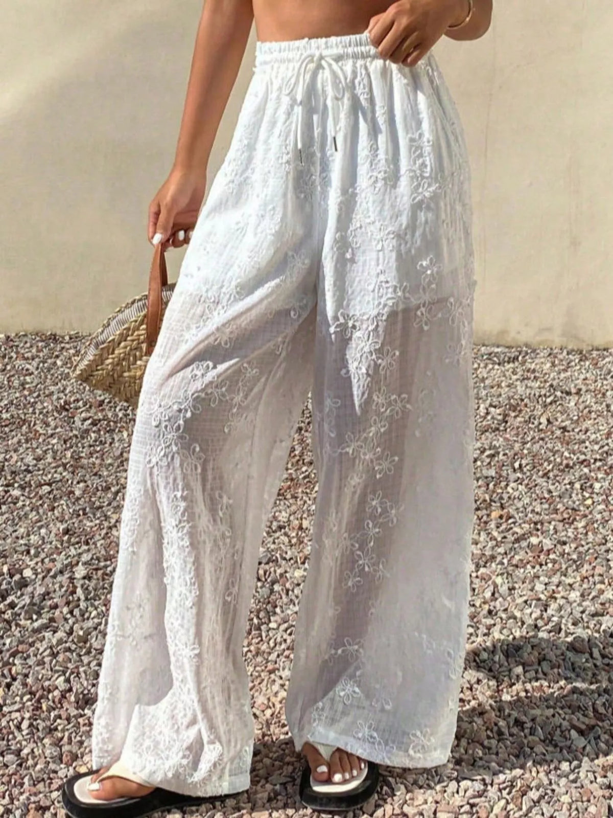 High-Waisted Sheer Floral Embroidered Wide-Leg Pants