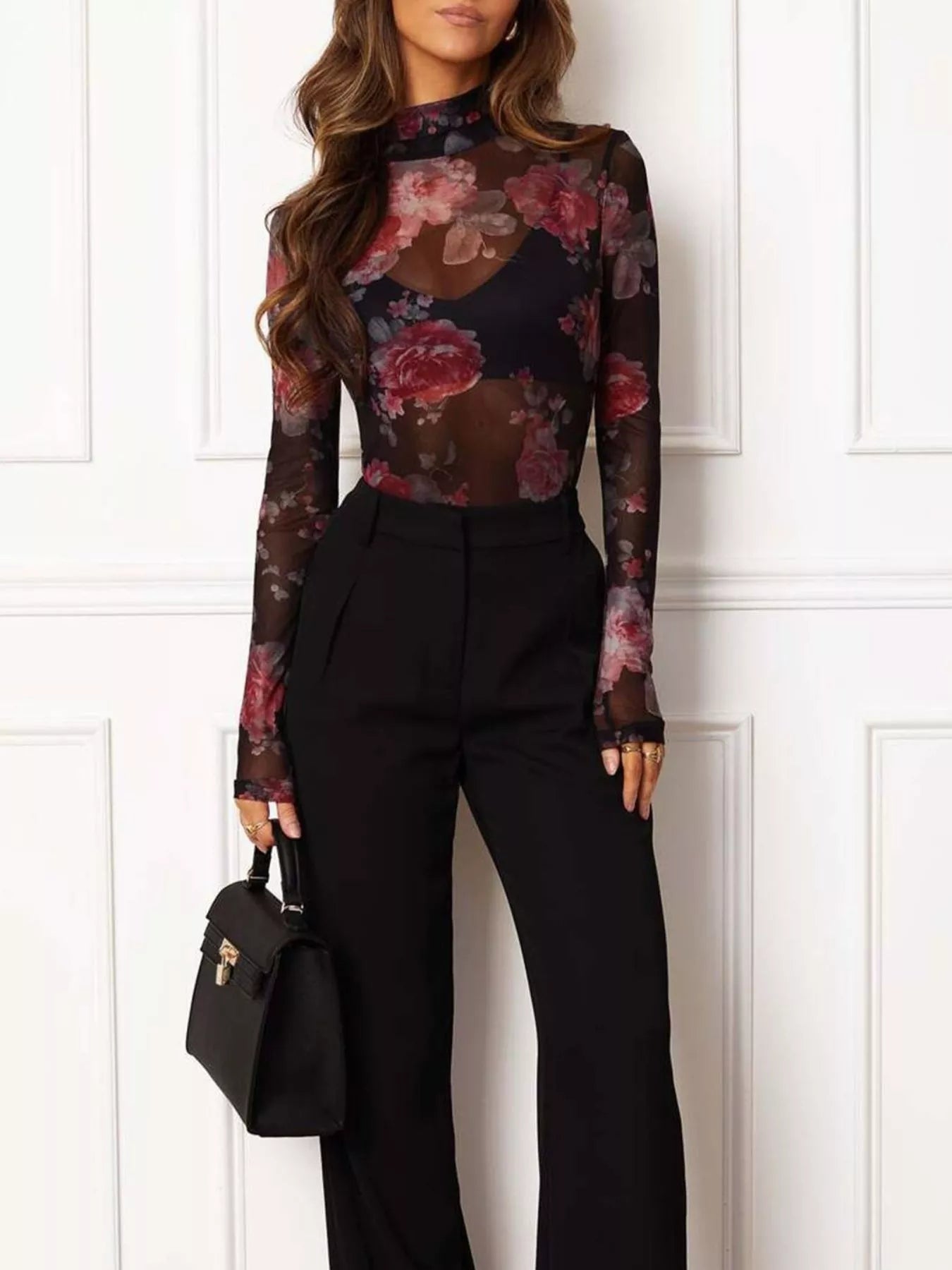Floral Print Sheer Mesh Long Sleeve Mock Neck Top