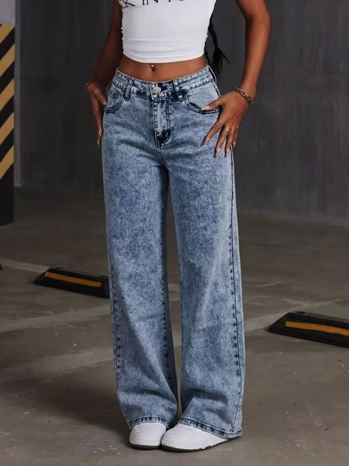 Washed Wide Leg Jeans with Embroidered Bow Detail