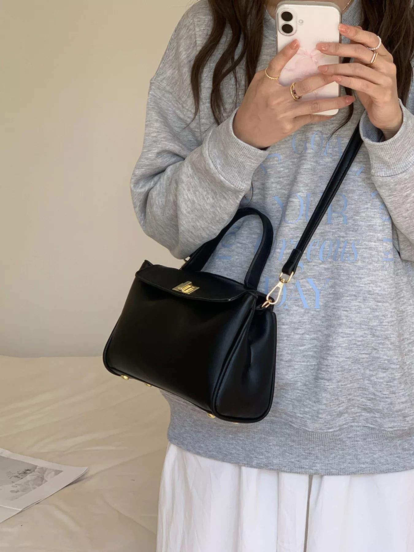 Golden Clasp Leather Crossbody Bag
