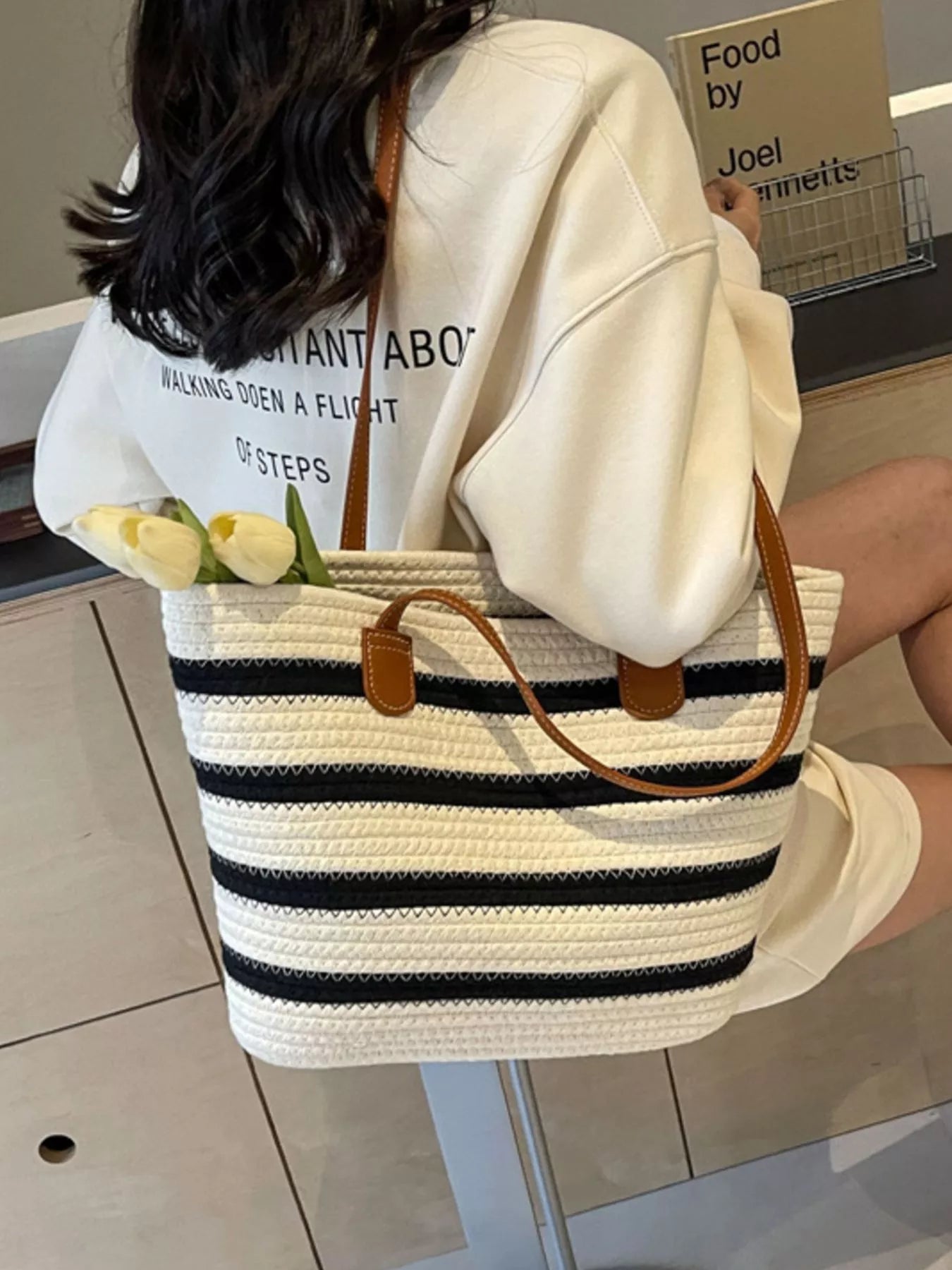 Striped Straw Tote Bag