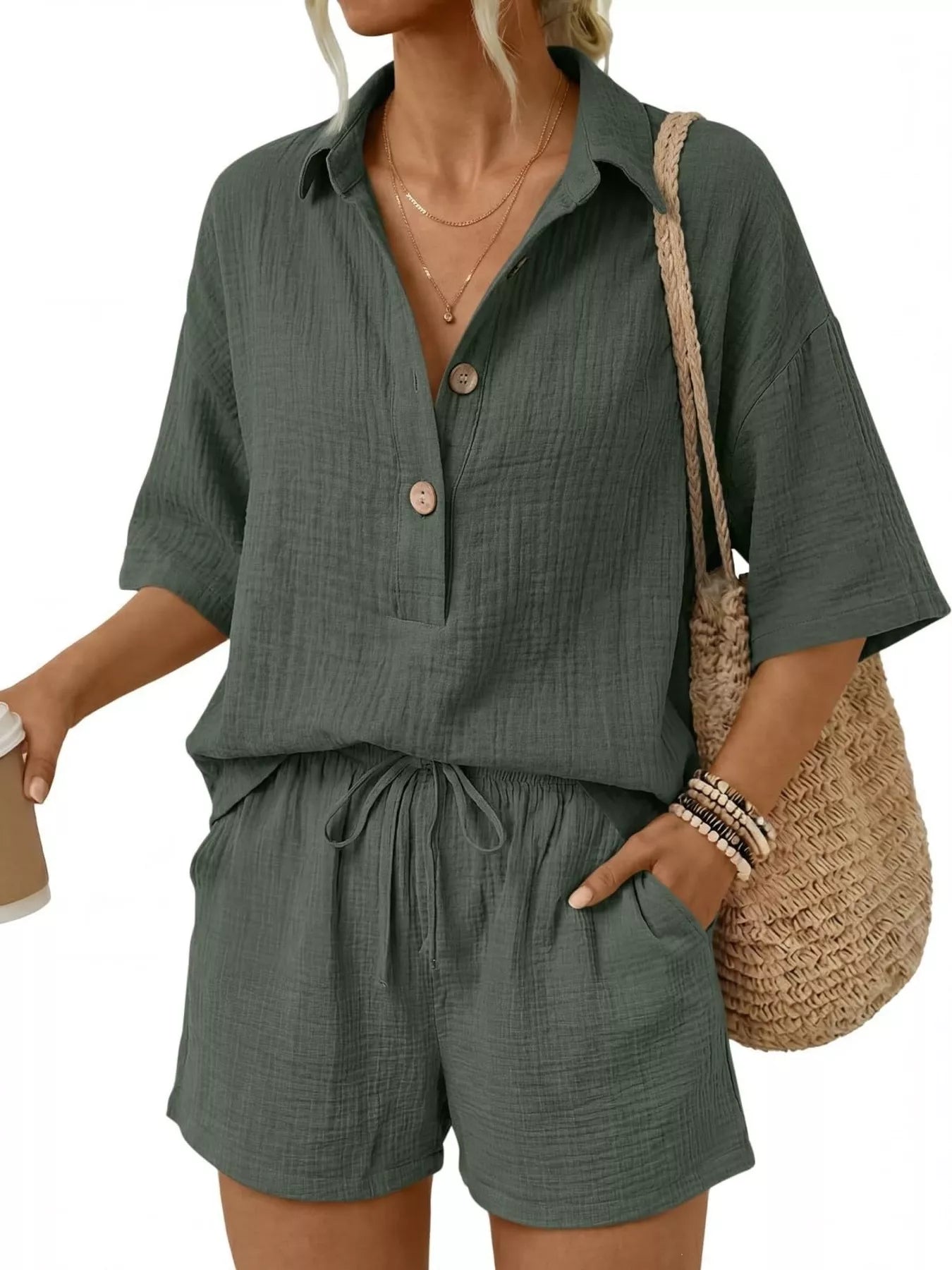 Linen Button Front Short Sleeve Top and Shorts Set