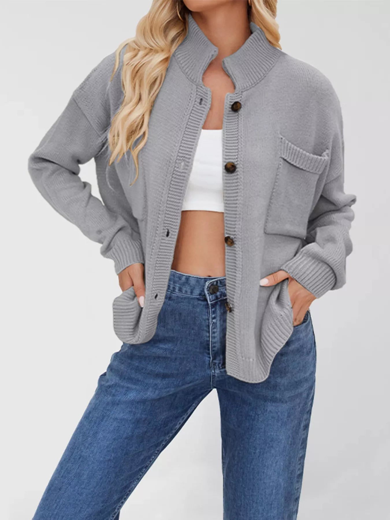Button Up Dropped Shoulder Cardigan