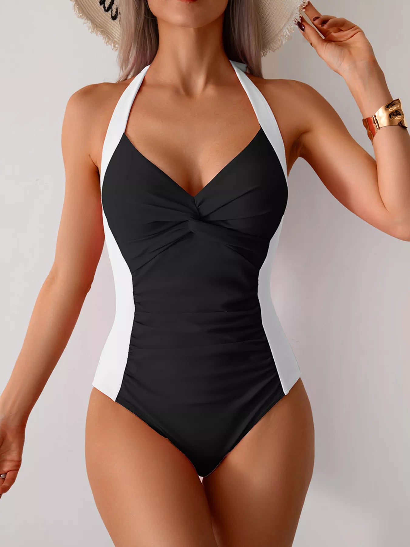 Twisted Front Halter Neck Ruched One-Piece Swimsuit