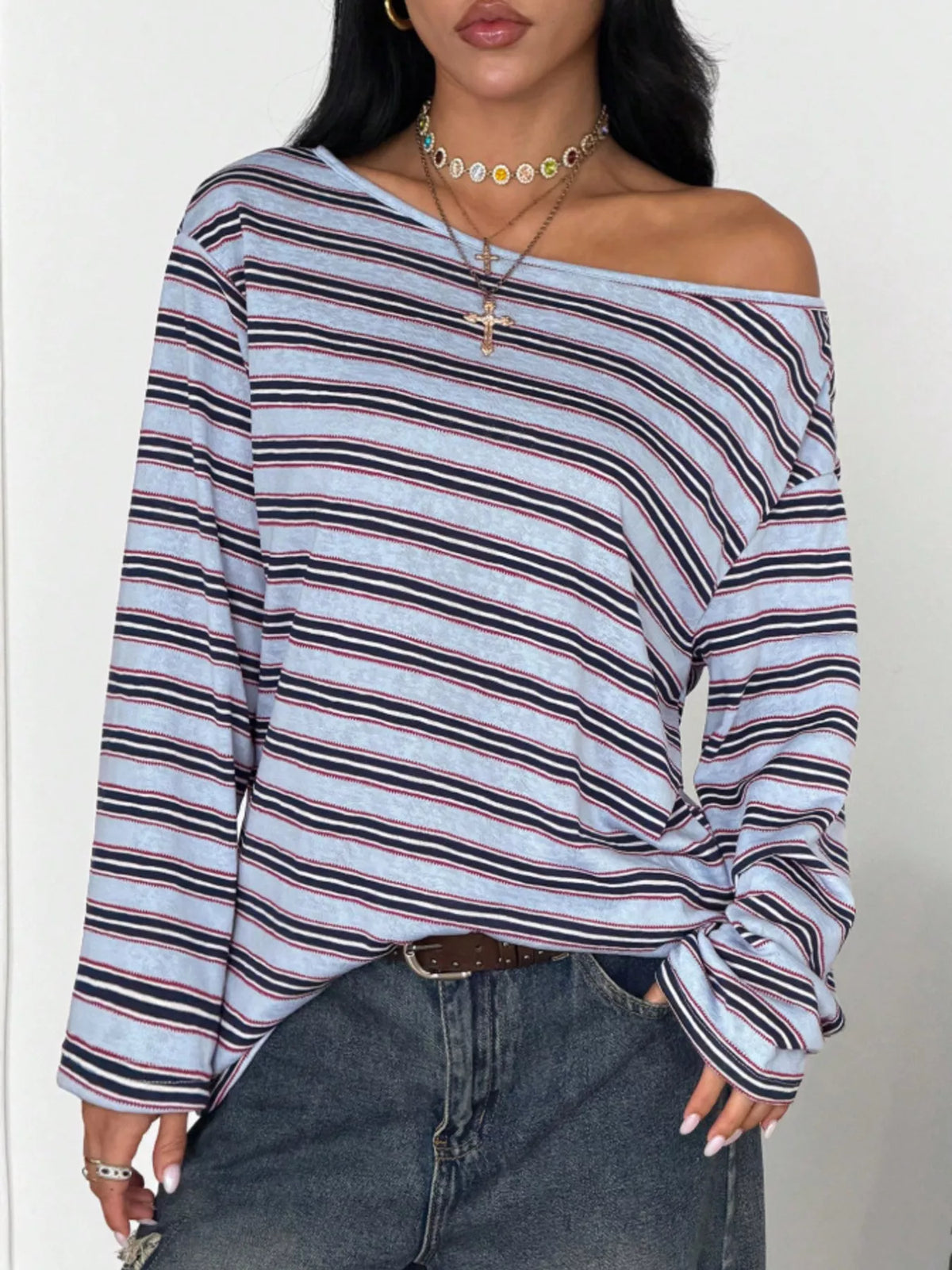 Off-Shoulder Striped Long Sleeve T-Shirt