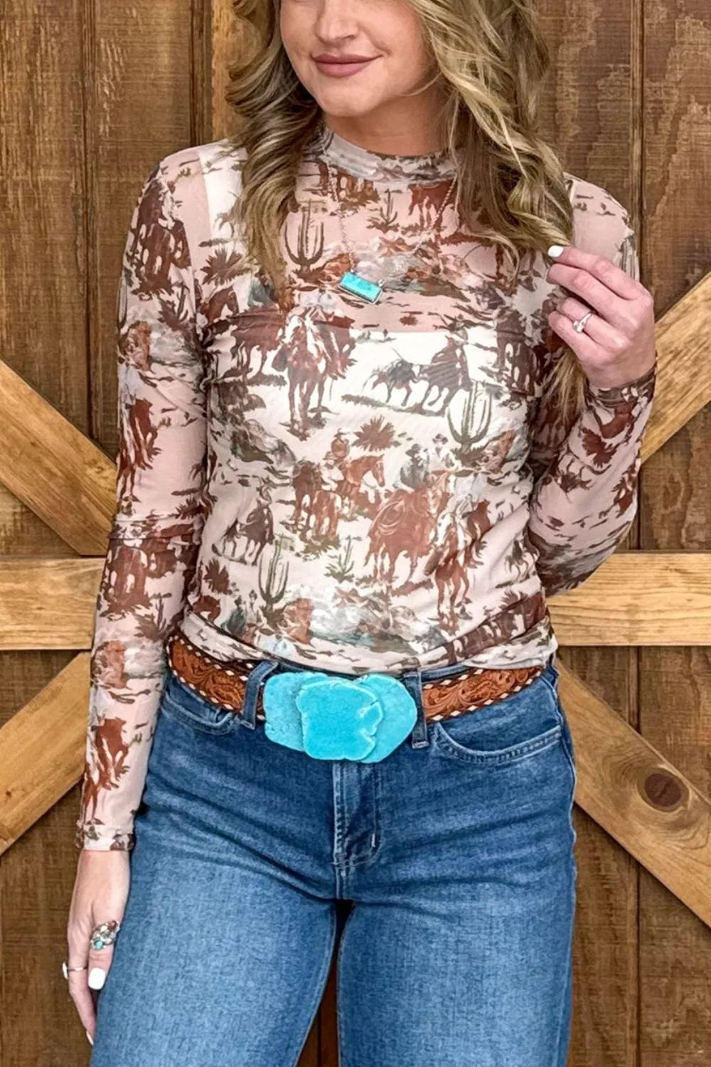 Western Scene Mesh Long Sleeve Top