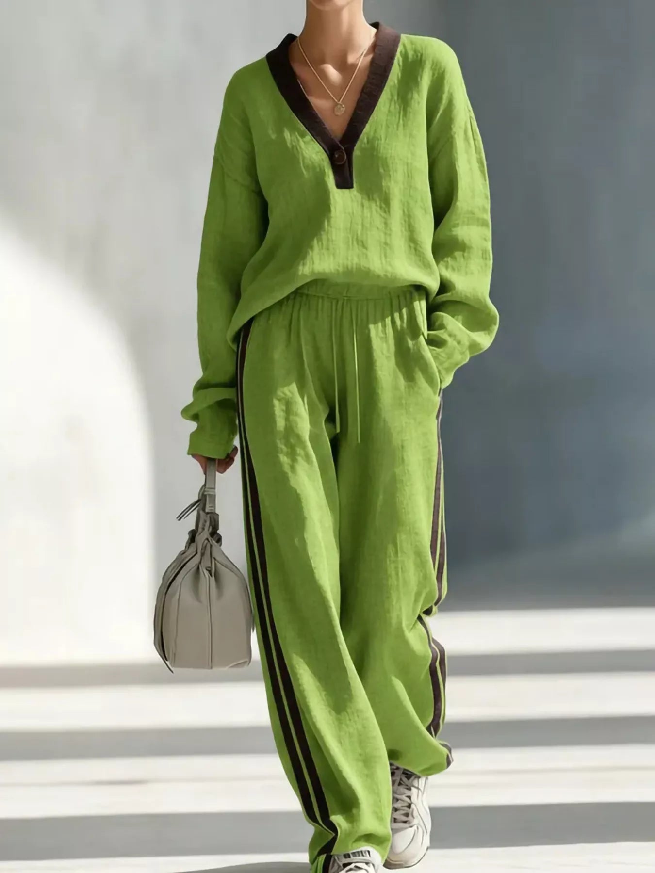 Contrast V-Neck Top and Striped Pants Set