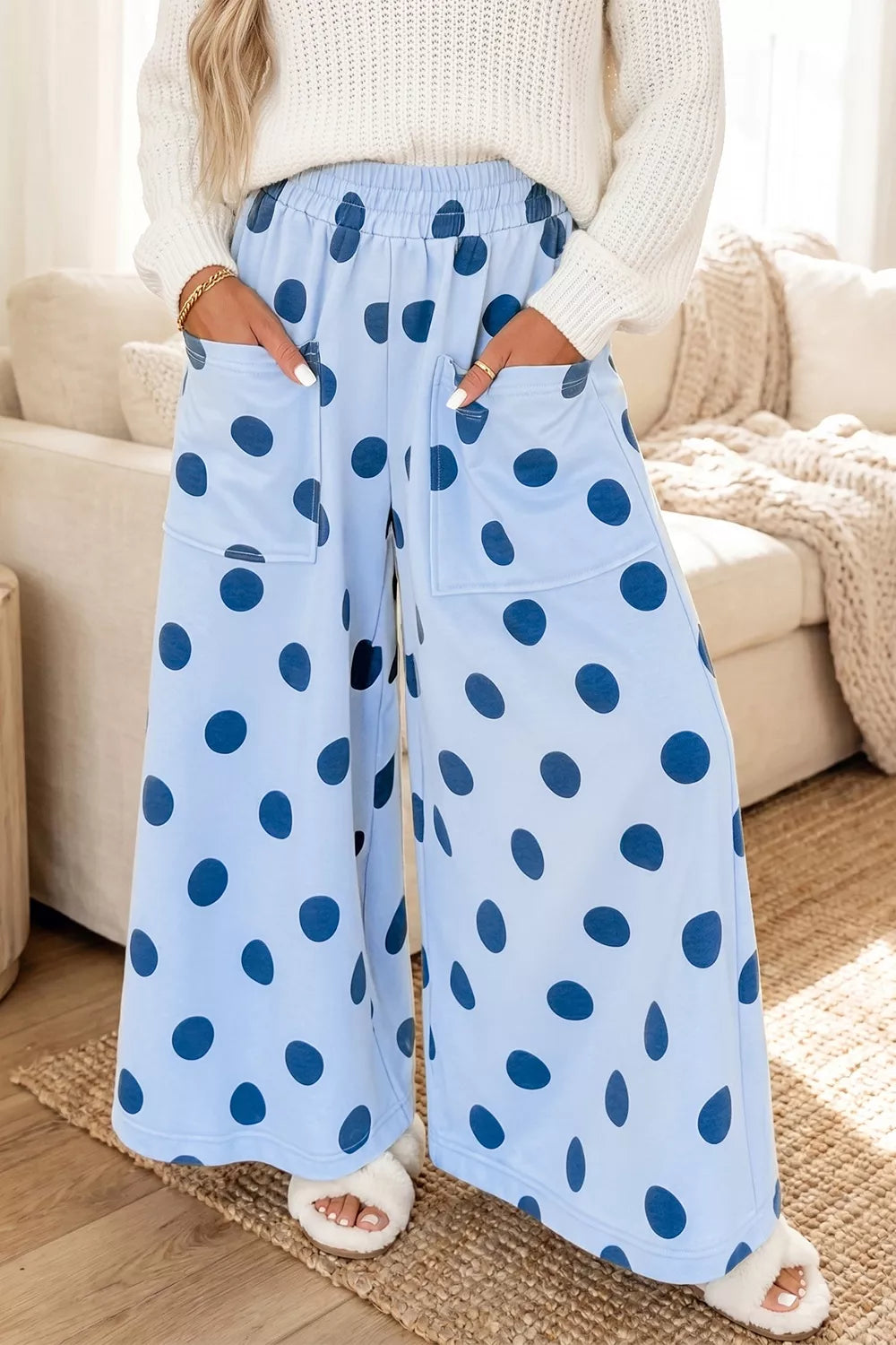 Polka Dot Wide Leg Elastic Waist Casual Pants