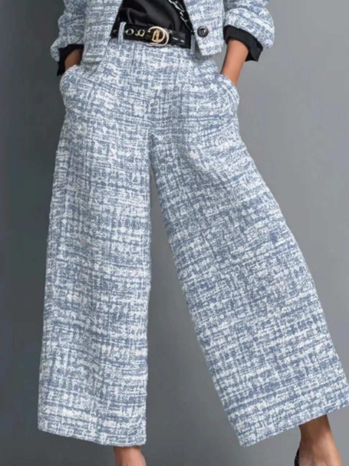 Full Size Tweed Cropped Jacket and Wide-Leg Pants Two-Piece Set Plus Size