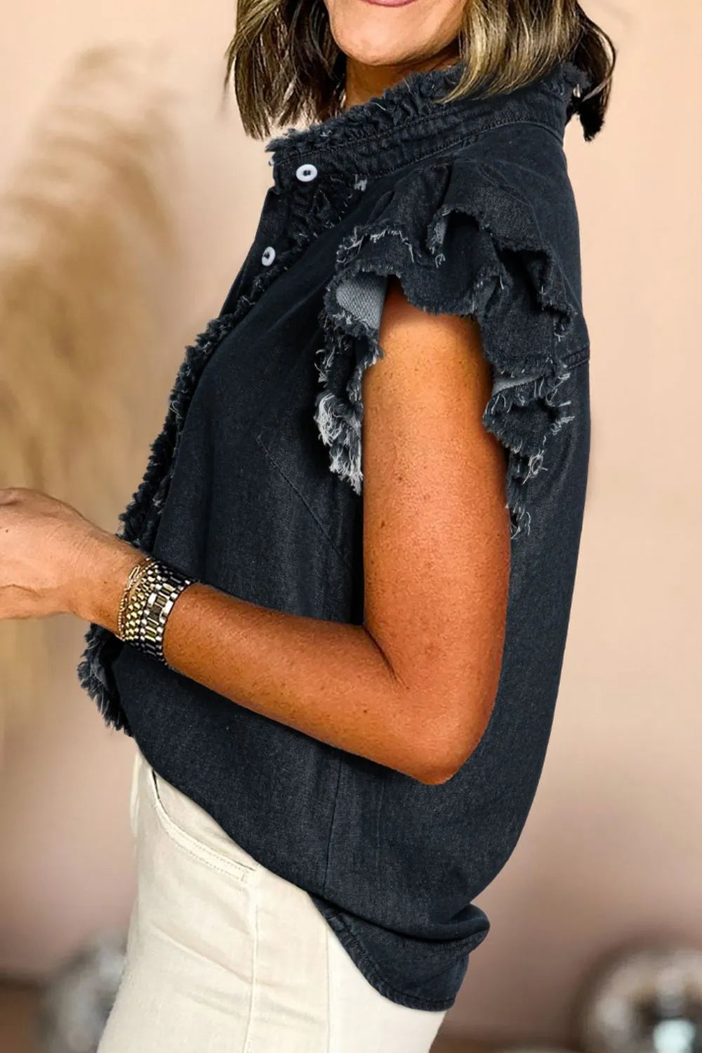 Button Down Raw Hem Ruffled Denim Shirt