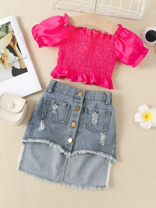 Children's Smocked Top and Distressed Denim Skirt Set