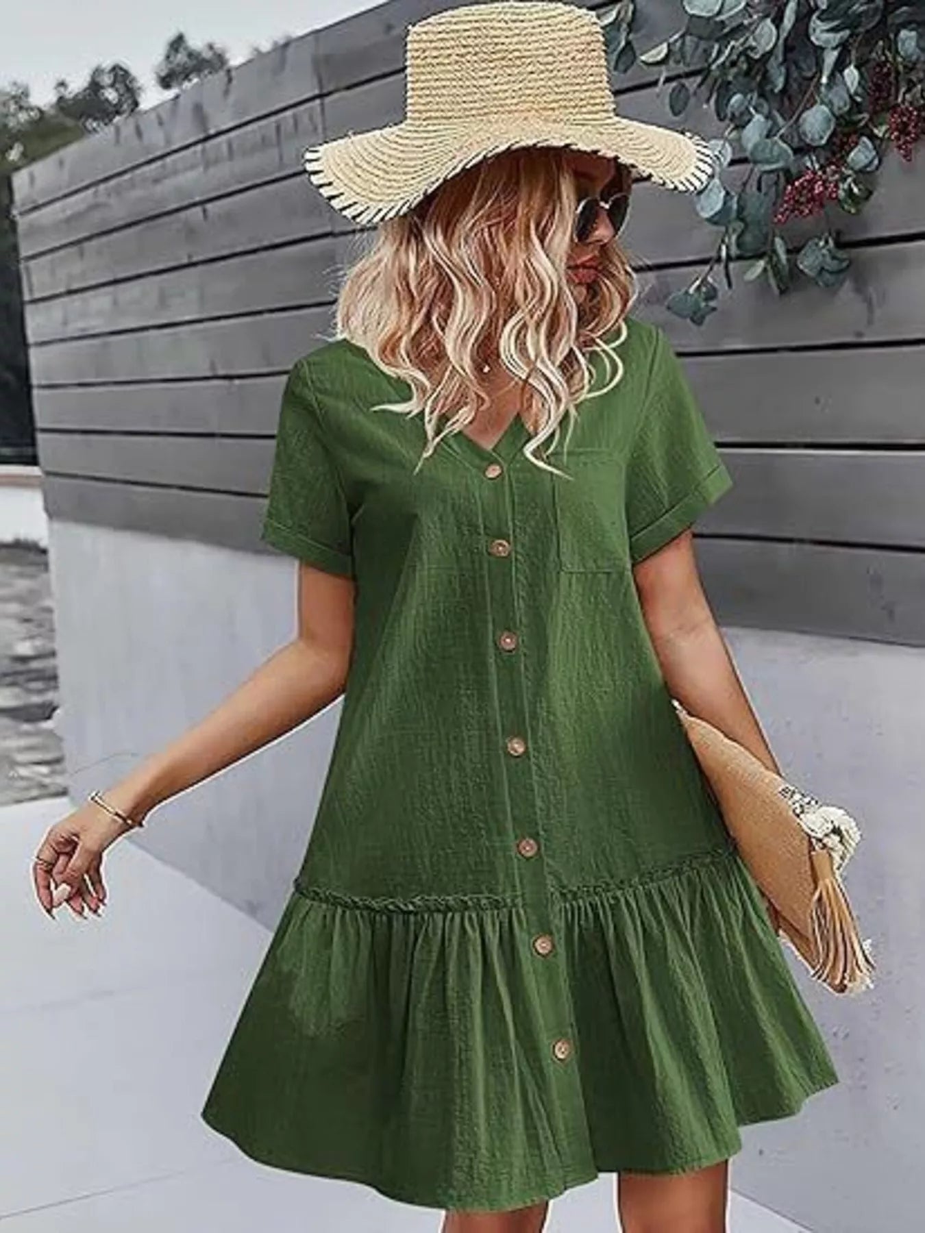 Full Size Button-Down Ruffle Hem Mini Dress Plus Size