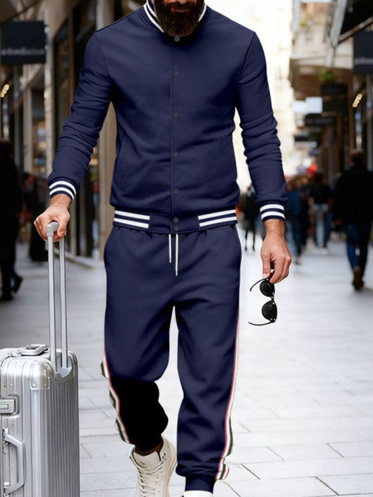 Men's Full Size Striped Snap Down Top and Pants Set Plus Size