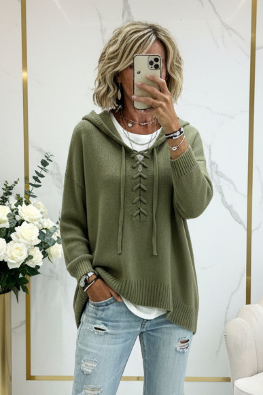 Lace-Up V-Neck Hooded Knit Sweater | Drop Shoulder Oversized Pullover