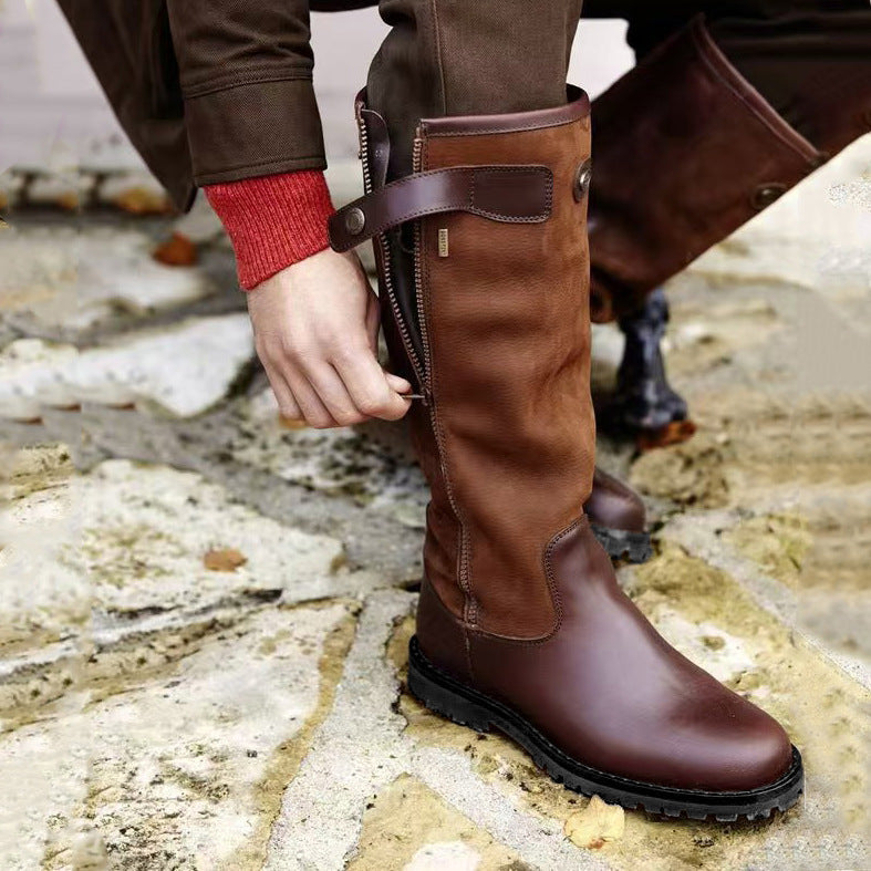 Retro Knee-High Riding Boots | Color-Block PU Upper | Side Zip Equestrian Boot