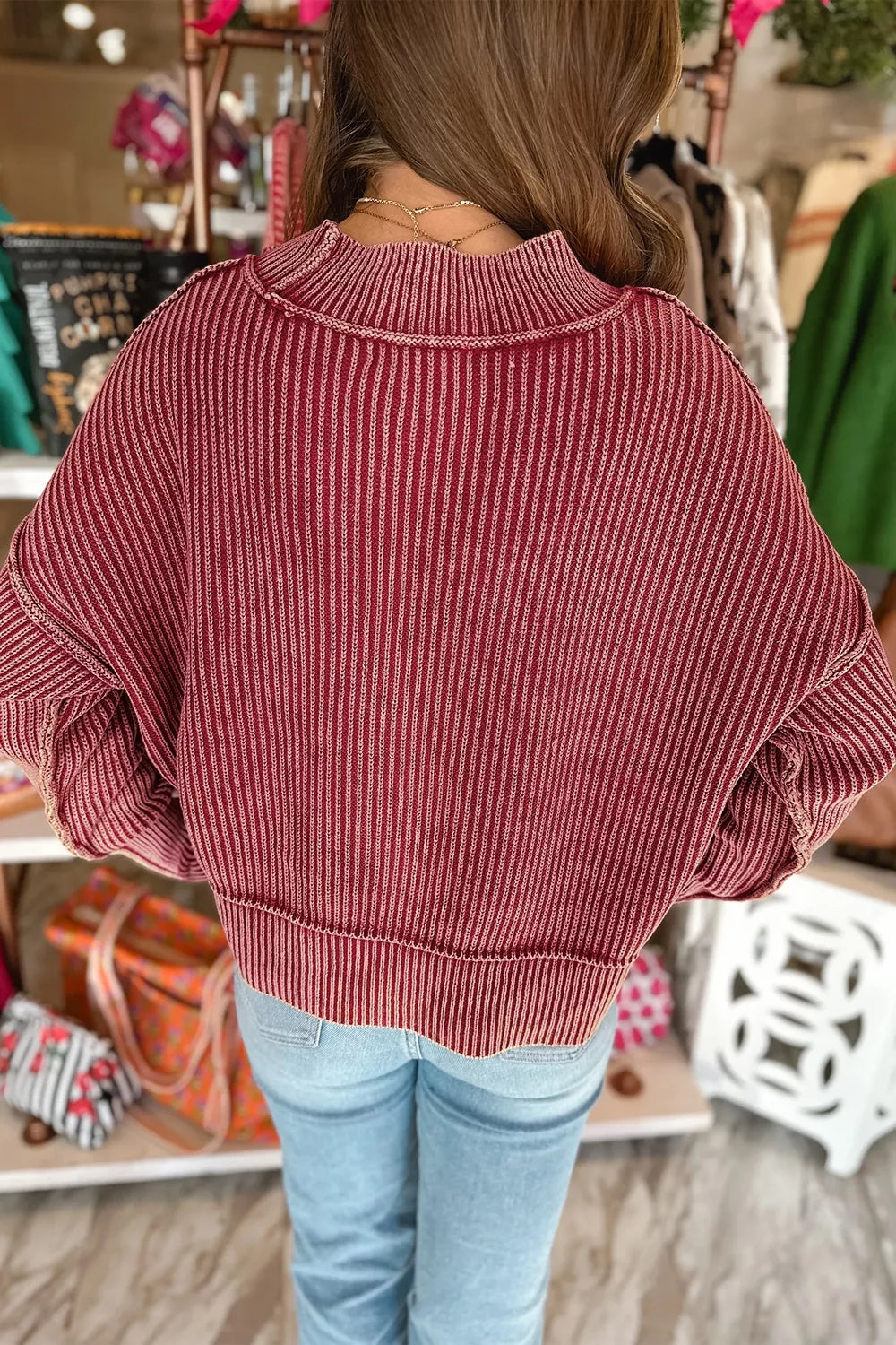 Drop Shoulder High Neck Ribbed Sweater