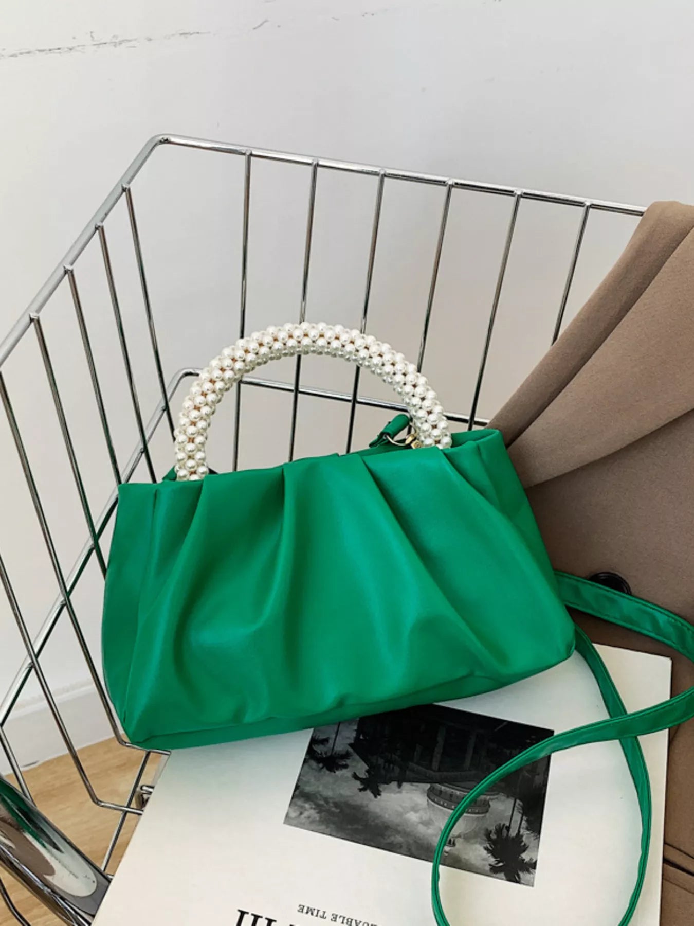 Pearl Handle Ruched Crossbody Bag
