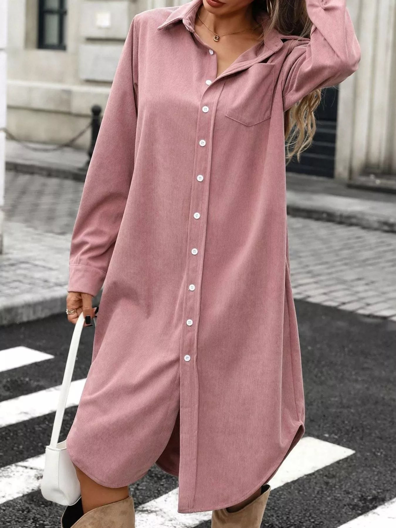 Corduroy Shirt Dress with Button-Down Front