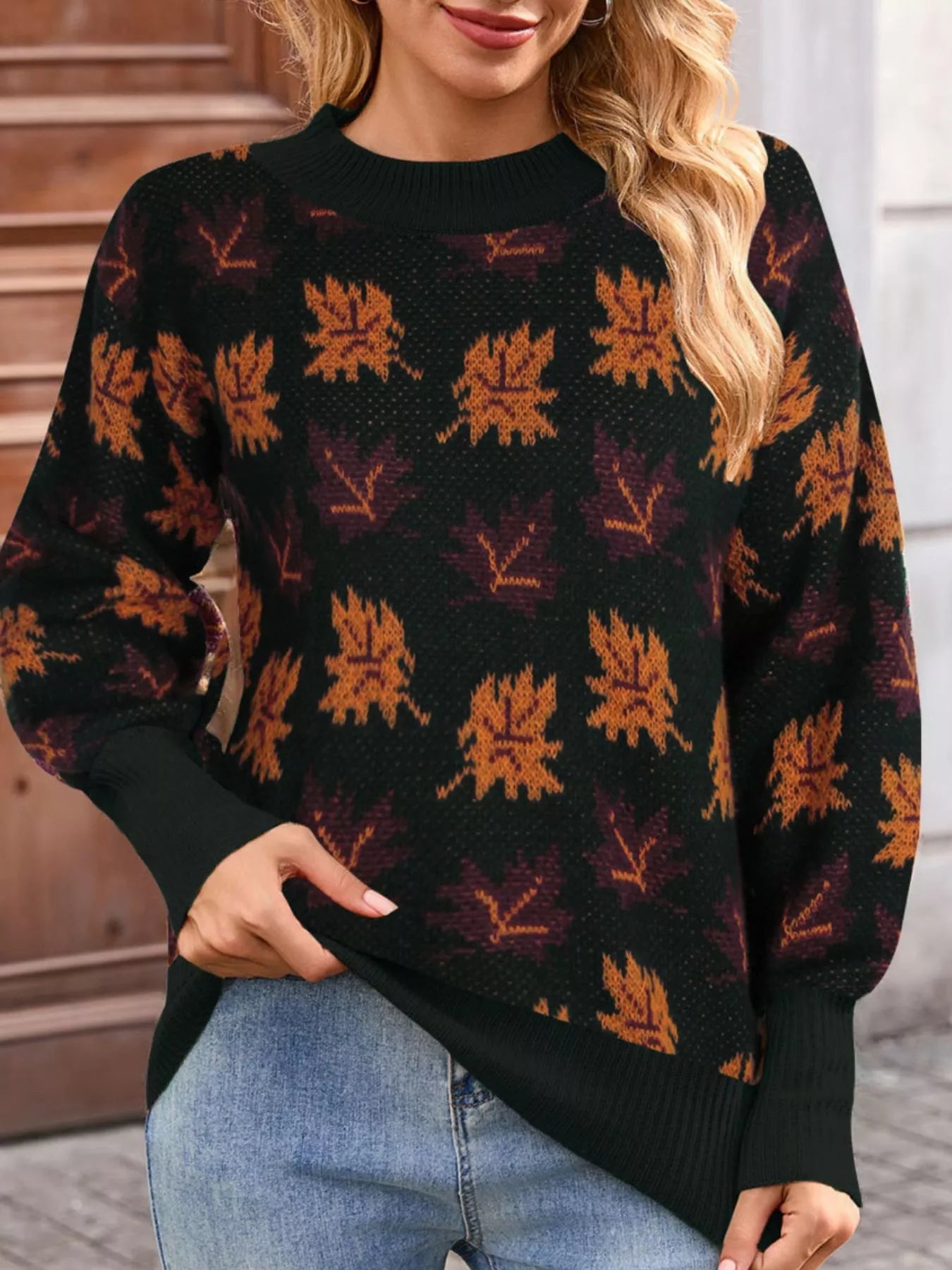 Autumn Leaf Pattern Mock Neck Sweater