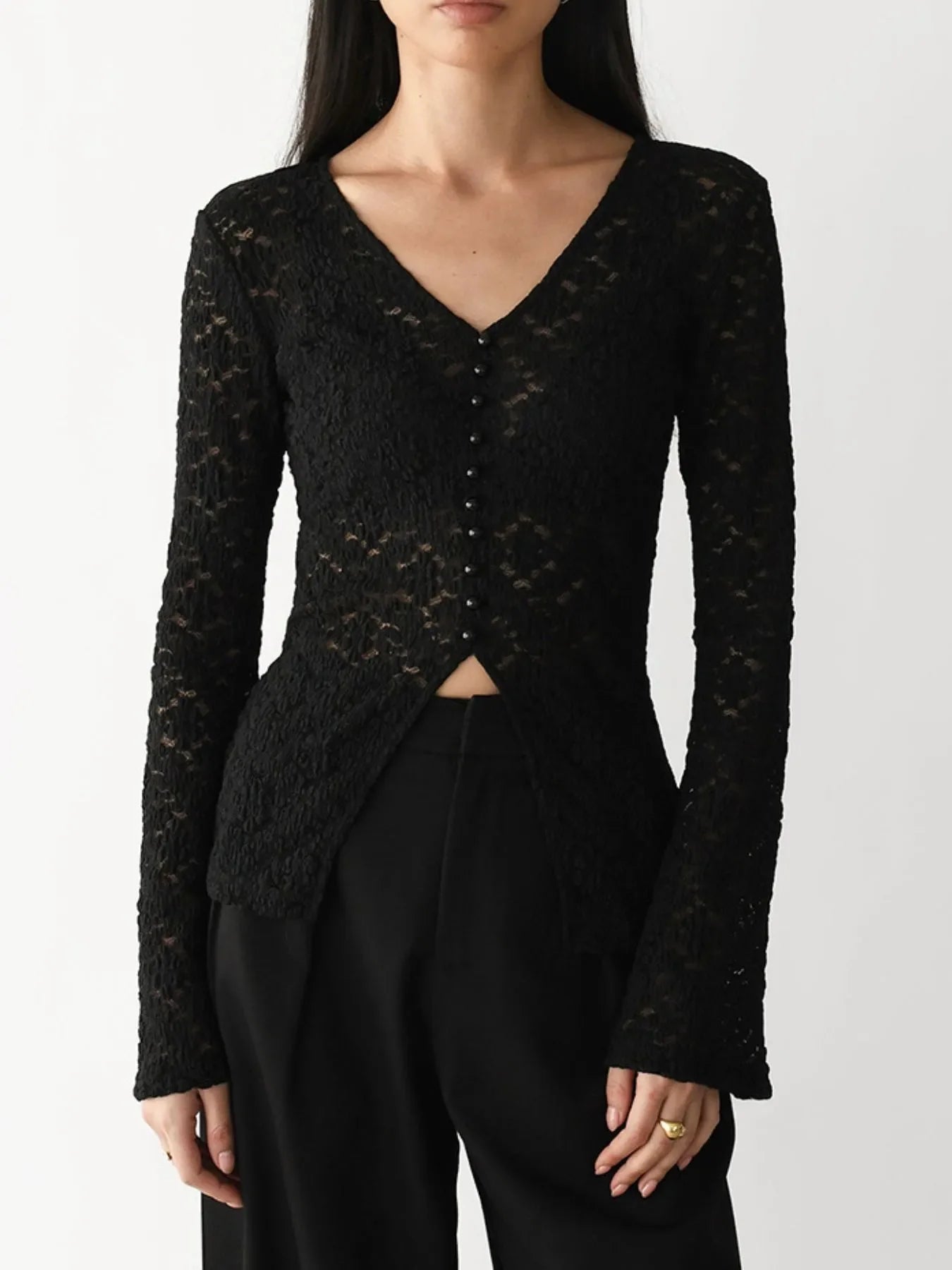 Lace V-Neck Flare Sleeve T-Shirt